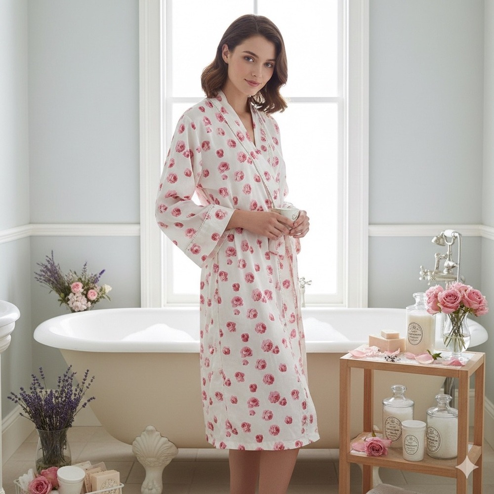 Crabtree & Evelyn Womens Pink Rose Floral Cotton Jacquard Robe Smallβ